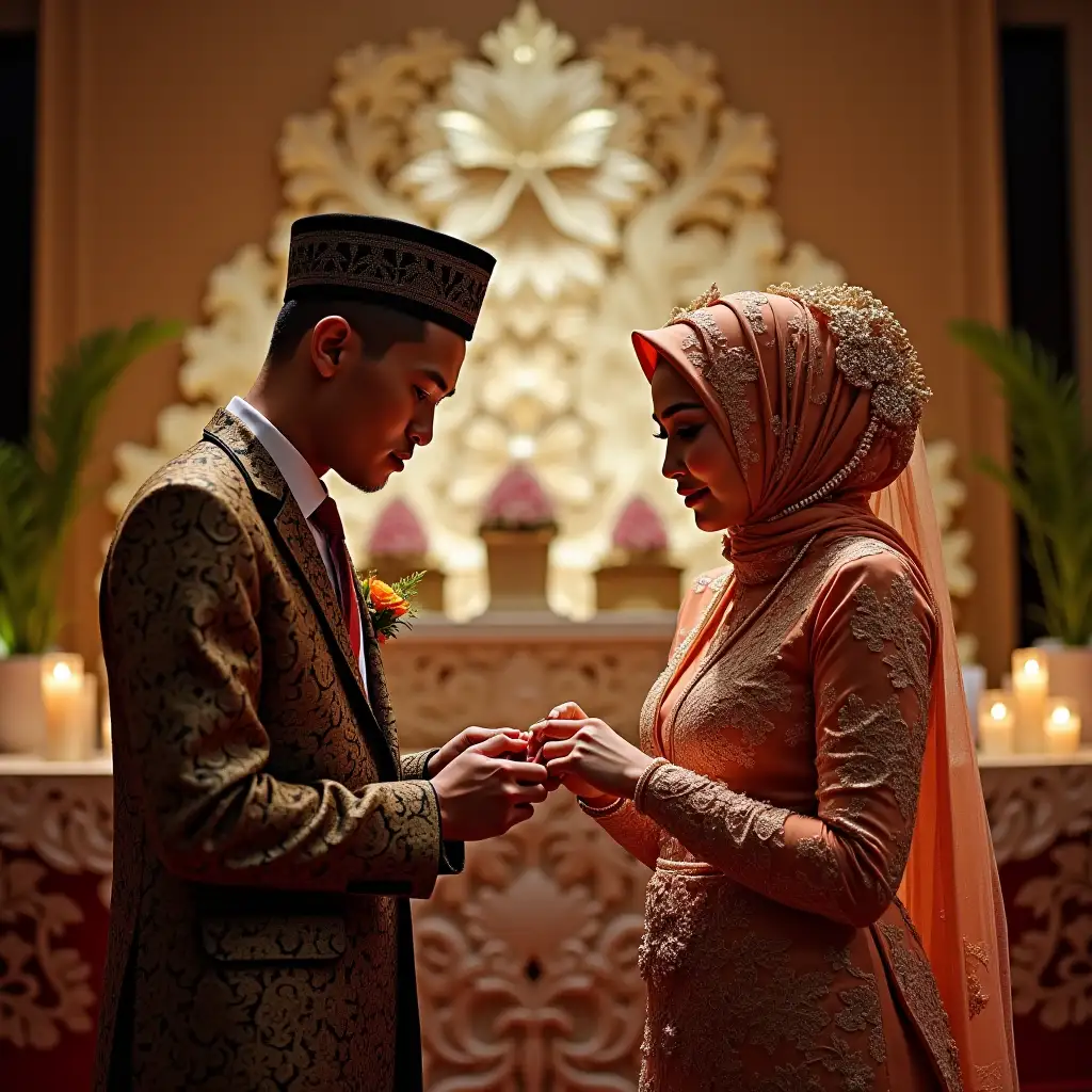 A Javanese groom with a Javanese bride exchange rings at their wedding reception