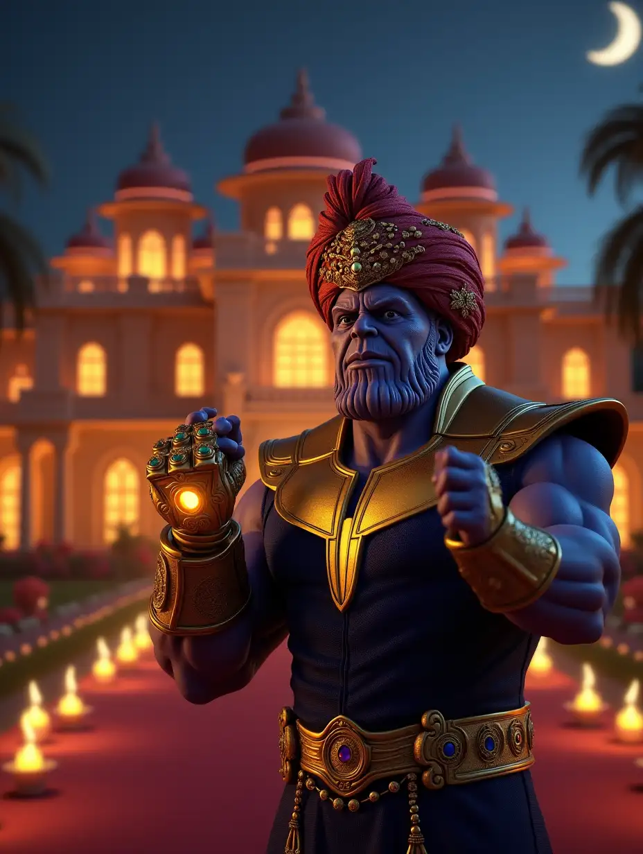 A hyper-realistic 3D-rendered image in 4K resolution featuring Thanos in an extravagant Indian wedding setting at nighttime. Thanos is wearing a majestic royal Indian turban with golden embroidery, symbolizing his dominance and power. His face has a serious yet regal expression as he raises his hand adorned with the Infinity Gauntlet, showcasing the glowing Infinity Stones. The background features a beautifully decorated mansion with glowing lights, floral decorations, and a pathway illuminated by candles leading to the grand entrance. The atmosphere is festive yet slightly ominous, with a crescent moon in the sky, casting a subtle glow over the scene. The intricate textures of his armor, the reflections on the Infinity Gauntlet, and the realistic fabric folds of his attire add to the cinematic depth of the image