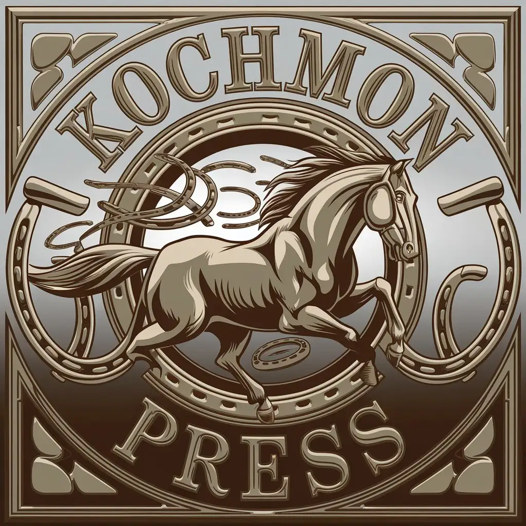 a vector logo design,with the text "KOCHMON PRESS", main symbol:Horse horseshoes,complex,clear background