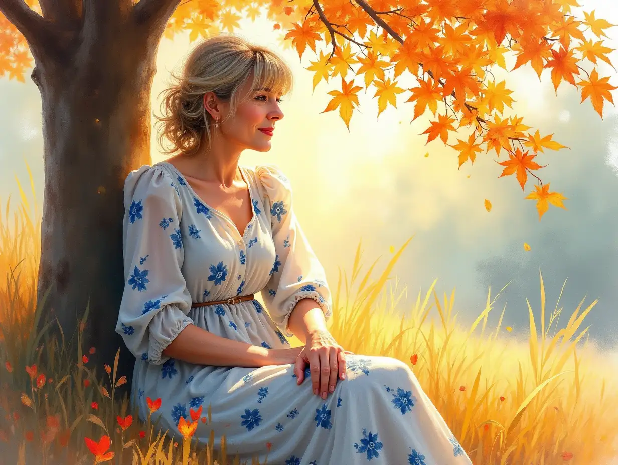 Autumn theme, watercolor, acrylic, casual pose of a Russian woman of about 50 years old sitting under a tree, light tousled hair, bangs, dress with a print of blue small flowers, fluttering sleeves, a painting by Vladimir Volegov radiating renaissance energy, in the rays of the sun, inspired by Mstislav Dobuzhinsky, a cheerful woman radiating inside the compound