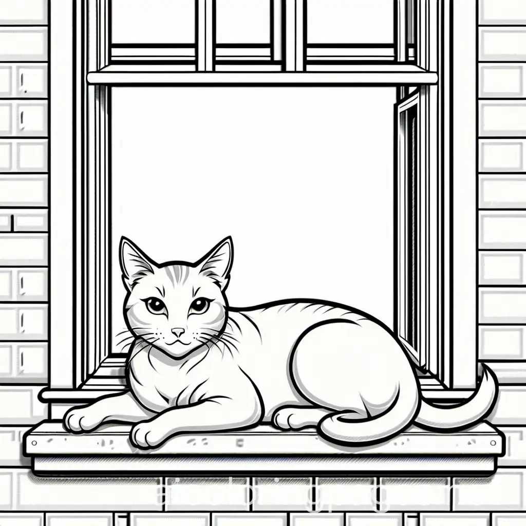 kids coloring book cat sitting on a windowsill, Coloring Page, black and white, line art, white background, Simplicity, Ample White Space. The background of the coloring page is plain white to make it easy for young children to color within the lines. The outlines of all the subjects are easy to distinguish, making it simple for kids to color without too much difficulty