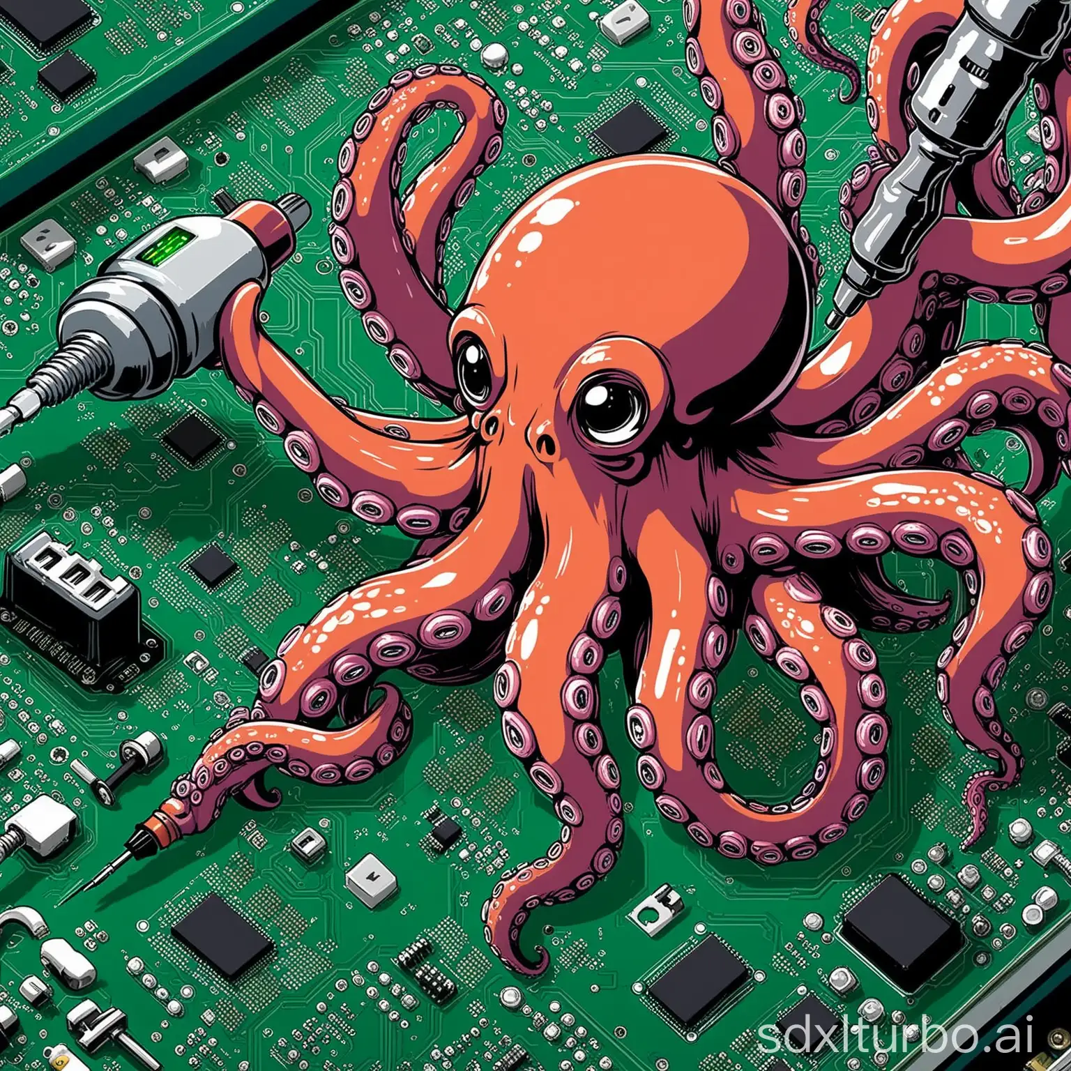 Octopus-Using-Power-Screwdriver-on-Circuit-Board