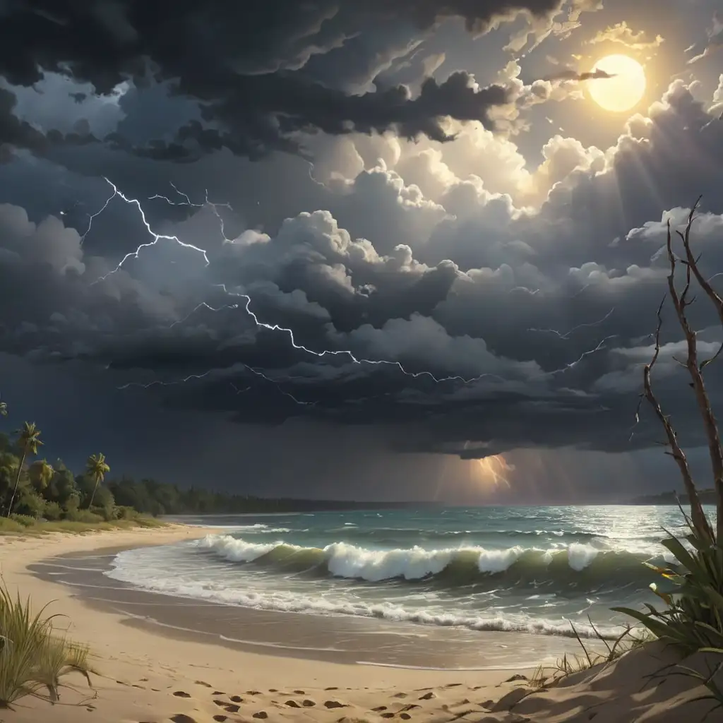 Cartoon-Beach-at-the-Lake-with-Hurricane-and-Dark-Stormy-Sky