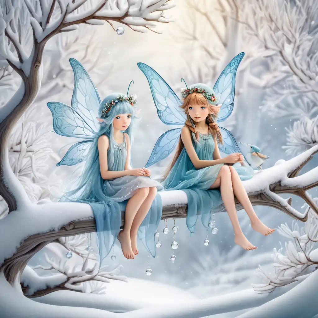 Fairies Sitting on Whimsical SnowCovered Branches