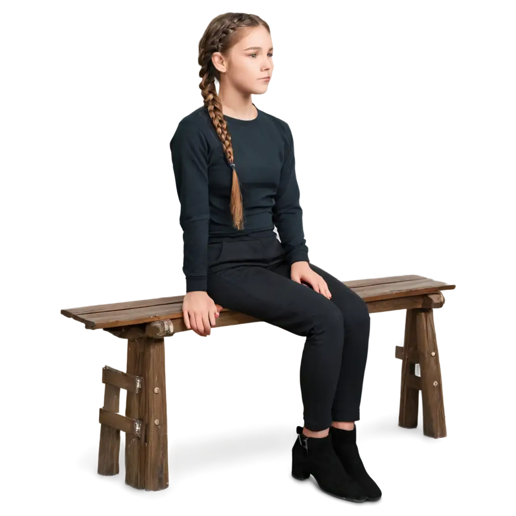 Girl-with-Braided-Brown-Hair-Sitting-on-Wooden-Bench-PNG-Image-for-Clear-HighQuality-Visuals