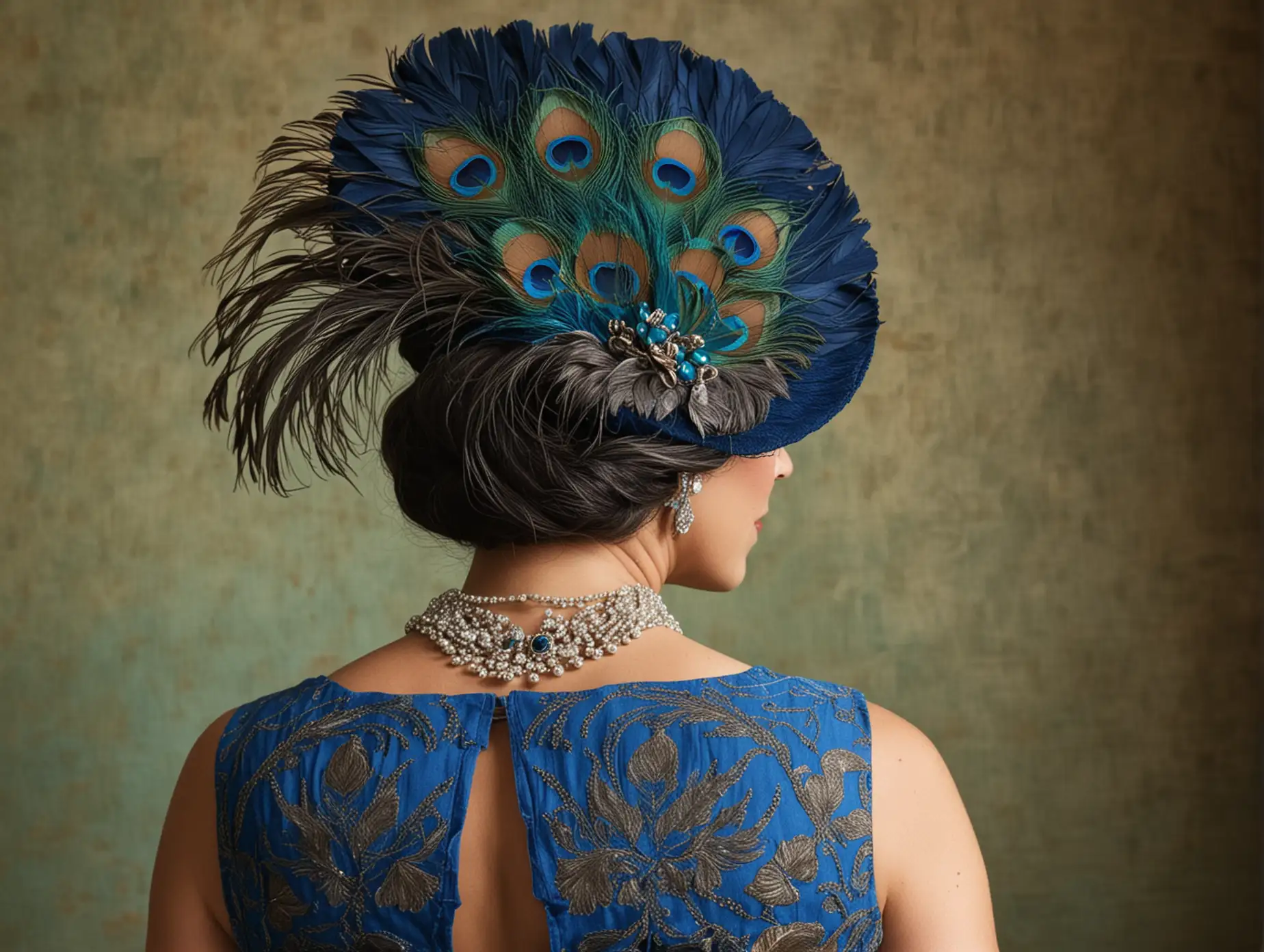 Latina Woman in 1920s Fashion with Peacock Feather Hat and Blue Dress