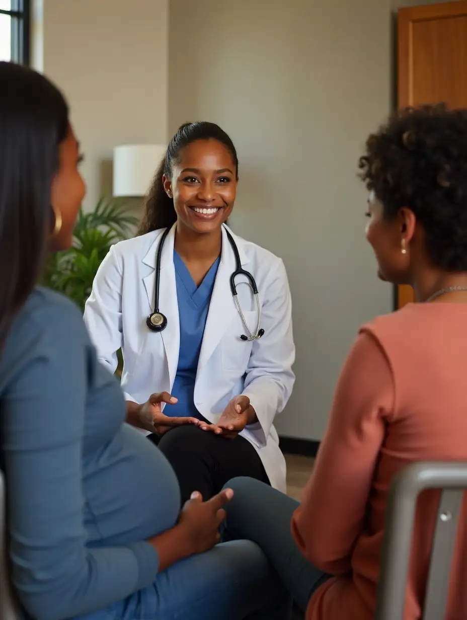 A medical doctor giving antenatal class to 3 pregnant women advising them on the importance of exclusive breastfeeding