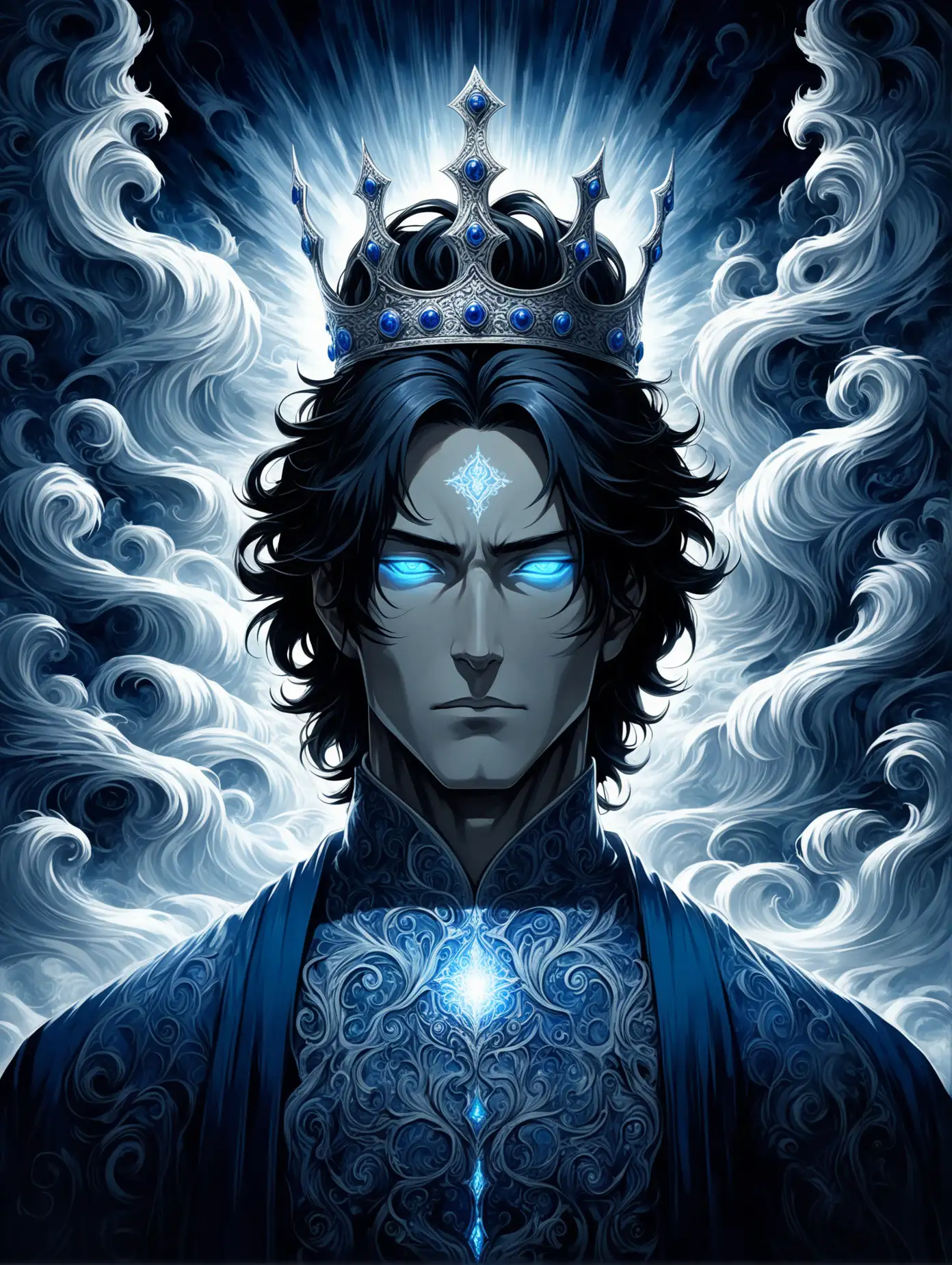 A dynamic anime-style portrait of a regal and mysterious male character with long, flowing black hair that reflects a soft blue glow. His pale face is illuminated by a strong, ethereal light from behind, creating sharp contrasts and dramatic shadows. He wears a traditional, elegant robe with intricate silver patterns and a small, ornate crown resting on his head. His expression is calm yet intimidating, with piercing, glowing eyes and a faint red mark on his forehead, symbolizing power and mysticism. The background features swirling, abstract clouds in shades of blue and white, enhancing the supernatural and majestic atmosphere. The overall mood is intense, enigmatic, and otherworldly, with a color palette dominated by deep blues, silvers, and whites.