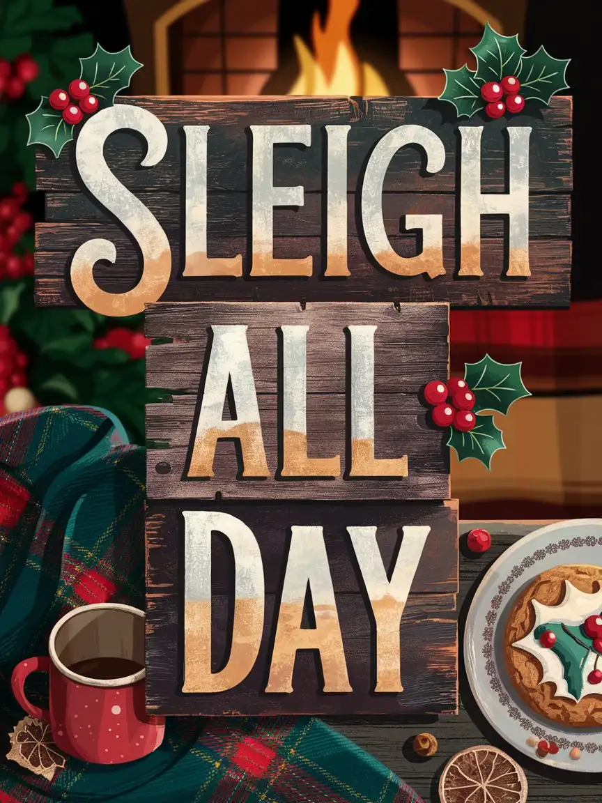 Holiday Typography Art Featuring Sleigh All Day with Rustic Elements