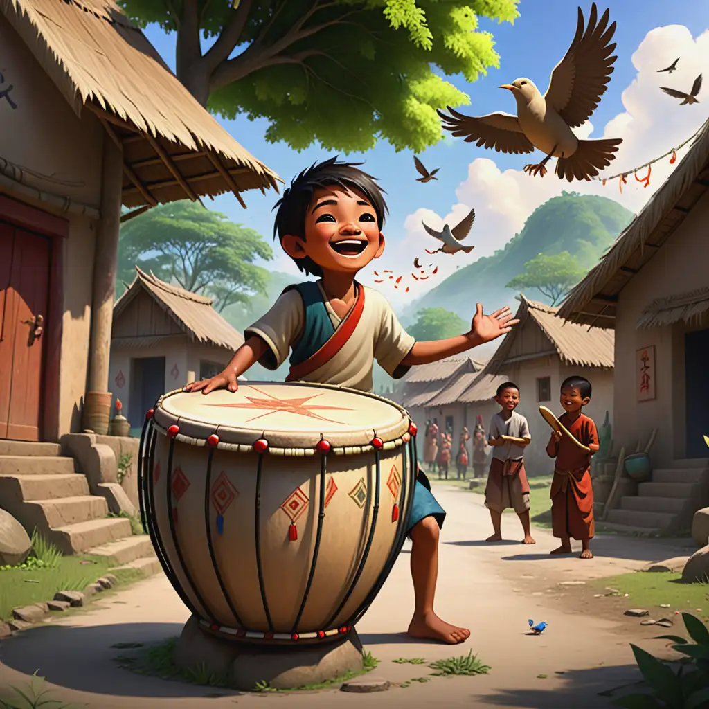 Max-the-Hero-of-Peace-Celebrating-Victory-with-a-Magical-Drum-in-a-Sunlit-Village