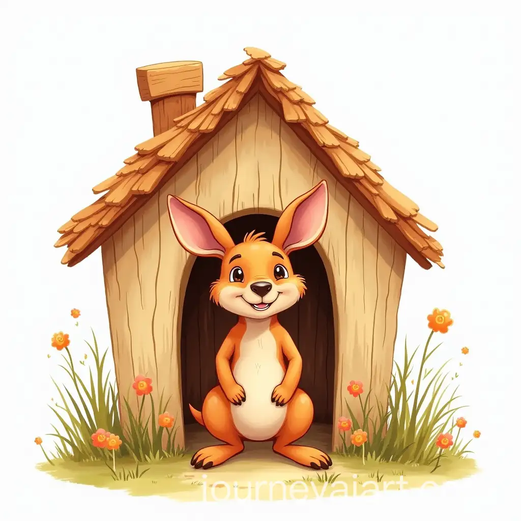 Cartoon-Watercolor-Young-Tobia-Kangaroo-Smiling-from-Wooden-House