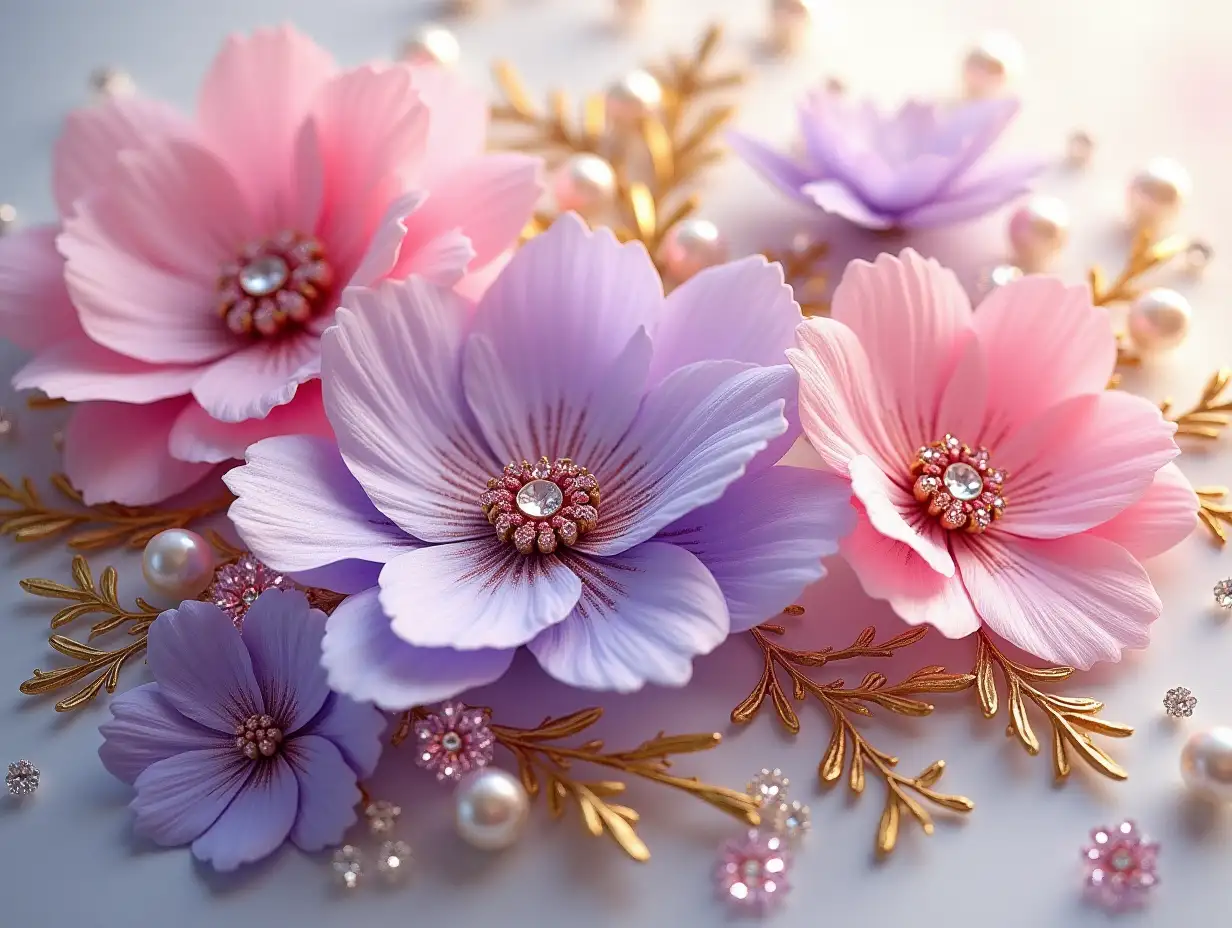 Create an image featuring an intricate and luxurious floral design. The image should showcase large, detailed flowers with pink and purple petals, each adorned with sparkling gemstones at the center. Surround the flowers with golden leaves and delicate, smaller flowers embellished with crystals. Include an array of pearls scattered throughout the composition to enhance the opulent feel. The background should have a soft, iridescent quality, adding a dreamy and elegant touch to the overall image.