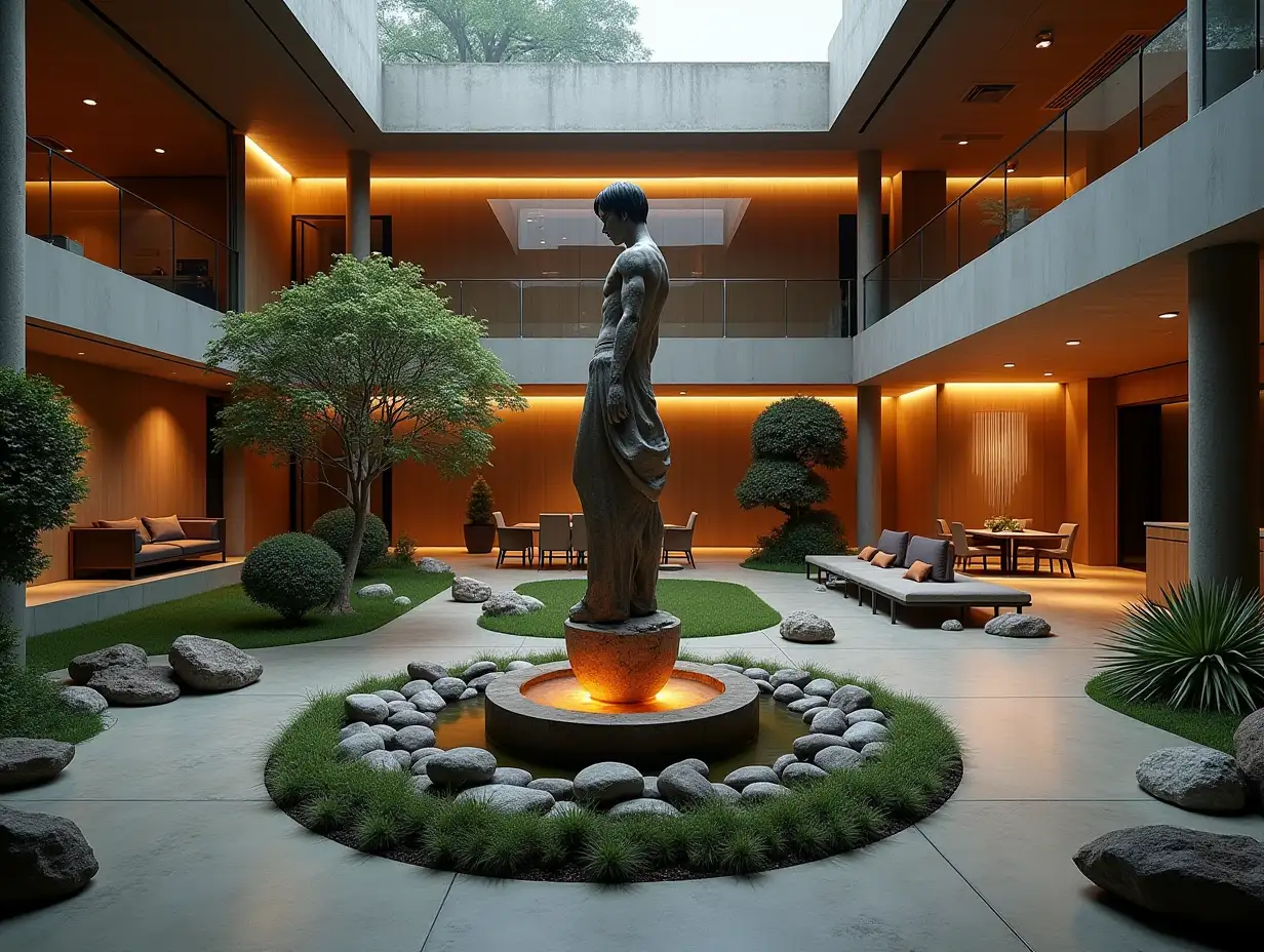 Large modern living room with fountain, Attack on Titan statue Statue, lighting with furniture, plants with Zen garden with carefully tended rocks, a meditative 180 degree 8K resolution colorful capture