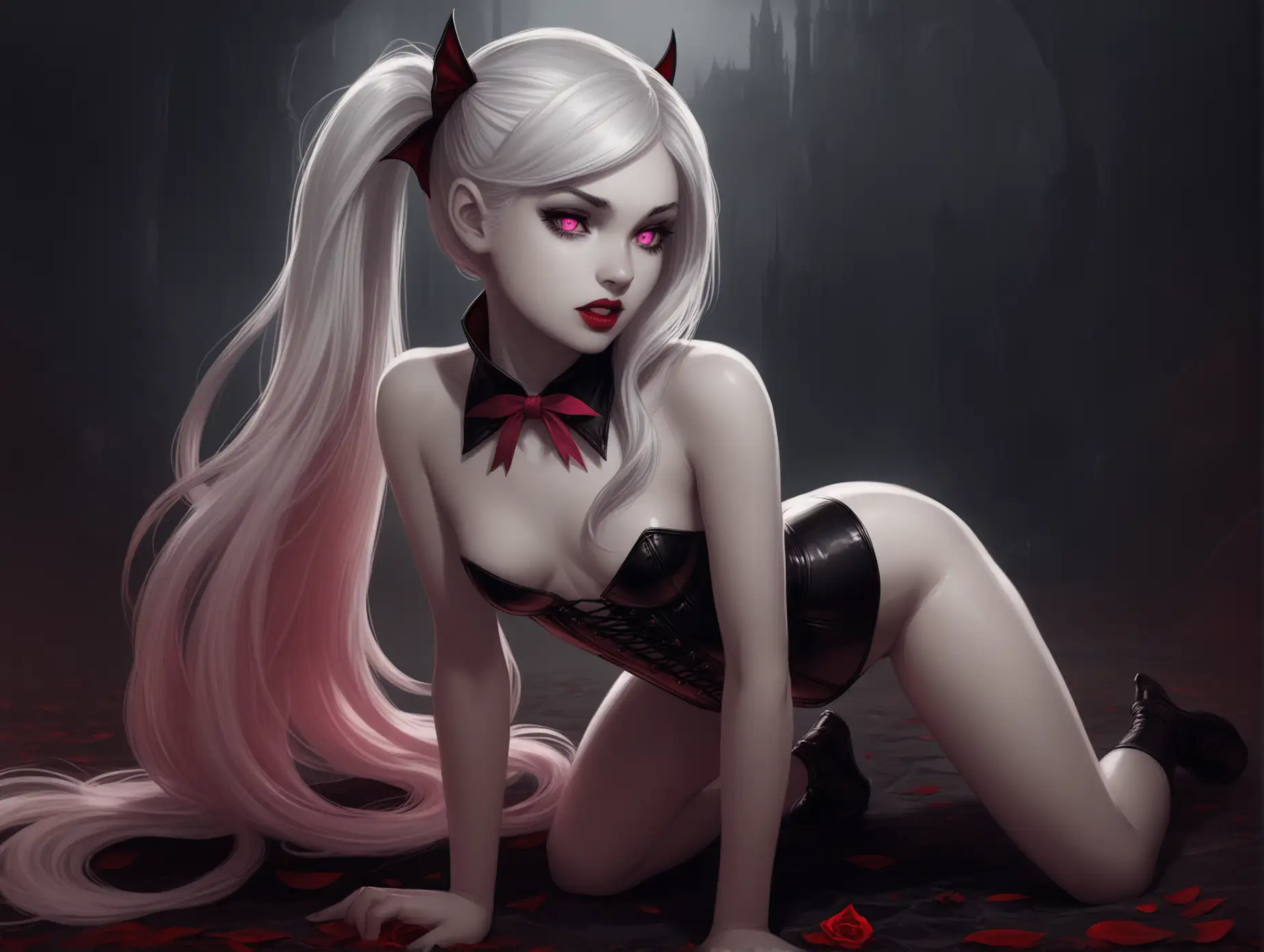 Vampire-Girl-with-White-Hair-and-Pink-Eyes-in-Latex-Corset