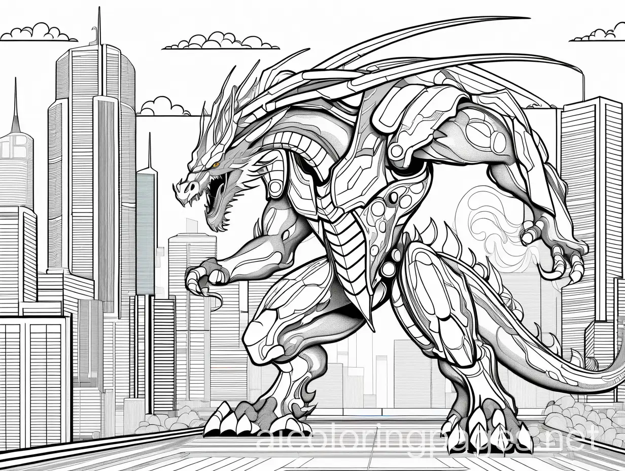 Epic-MangaStyle-Robot-Battle-with-Dragon-in-City-Coloring-Page