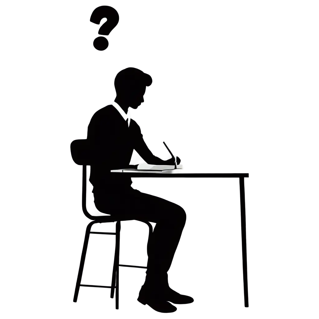 Generate a black-and-white, minimalistic 2D illustration of a high school student sitting at a desk, raising one arm as if to ask a question, with a question mark above their head. The design should be simple and bold, using clean lines to clearly convey the student's curiosity and desire for an answer.