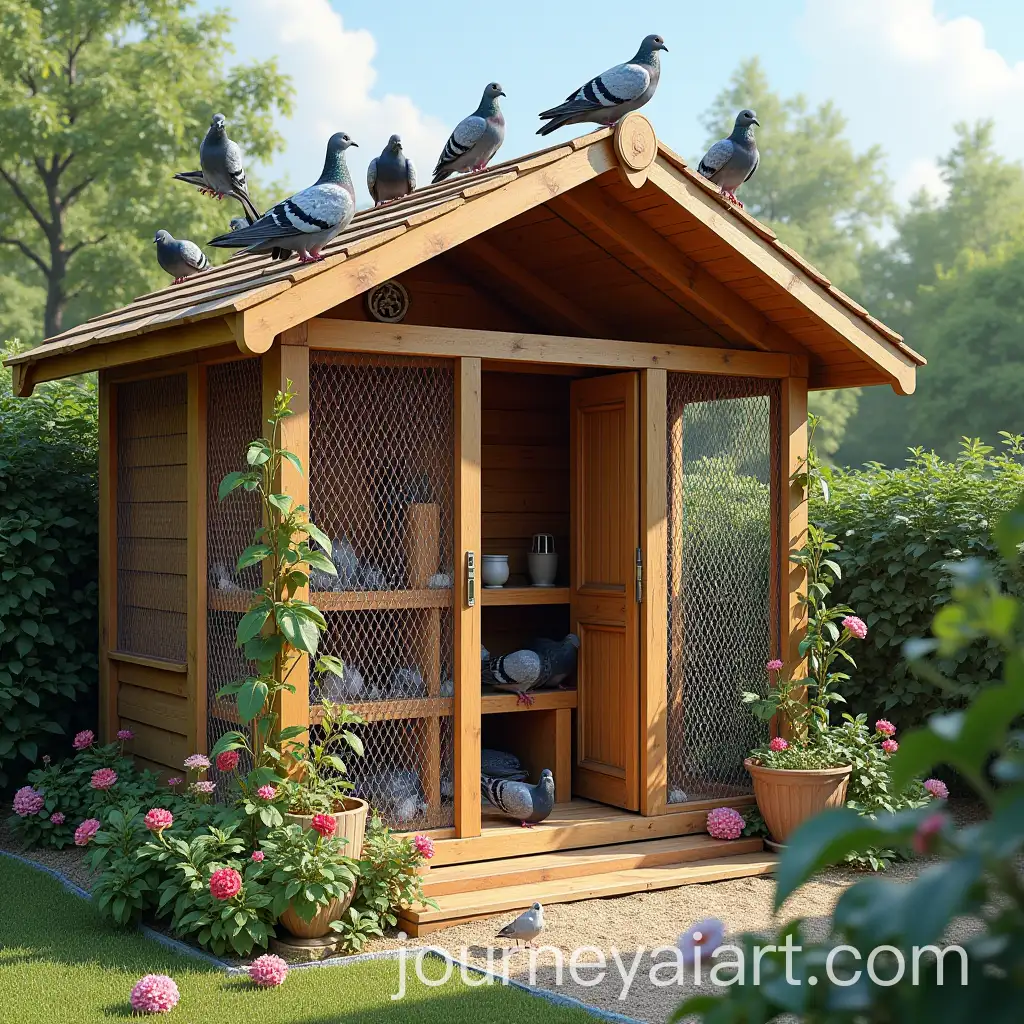 Wooden-Pigeon-Cage-with-Nesting-Birds-in-a-Beautiful-Garden-Setting