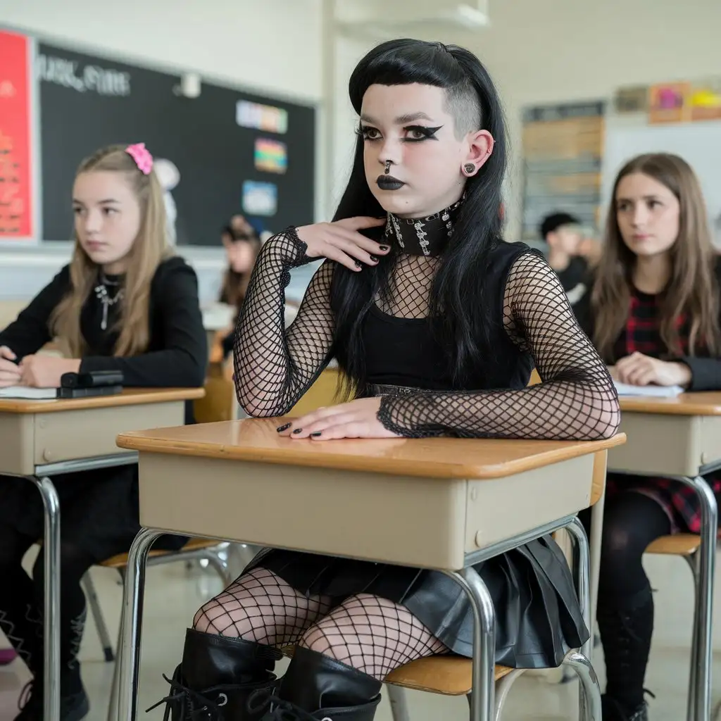 A full body pose of a 12-year-old trans American boy who decided to be a goth femboy. He had on black lipstick and nail varnish, black long wig, black eyeliner, black long sleeve fishnet shirt with black skirt and black fishnet leggings and black Demonia gothic boots that were extremely thick knee high. He has on a black corset and black posture collar. His ear lobes are stretched with black gauges. He sat ladylike at his school desk. Other goth girls sat near him.