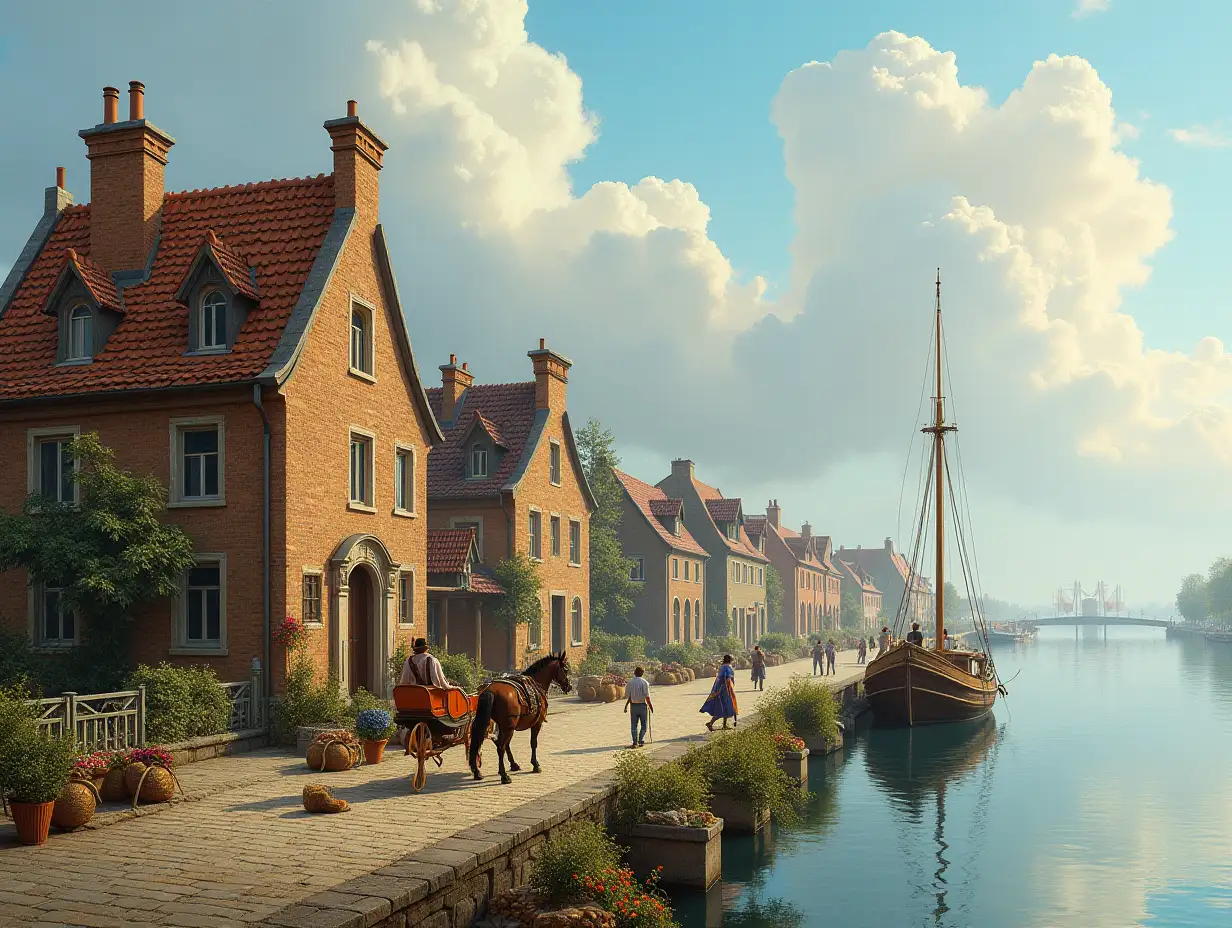 Dreamlike houses by a river with fishermen, fishing nets, fish baskets, a carriage with horse along the promenade and a small boat.