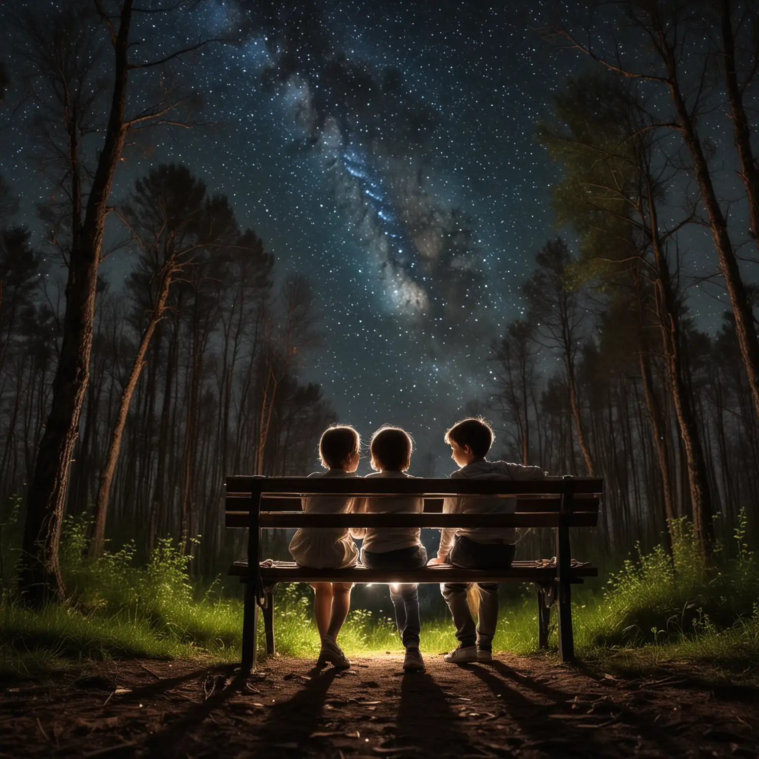 Young-Boy-and-Girl-Sitting-on-Bench-in-Forest-at-Night-Gazing-at-Each-Other