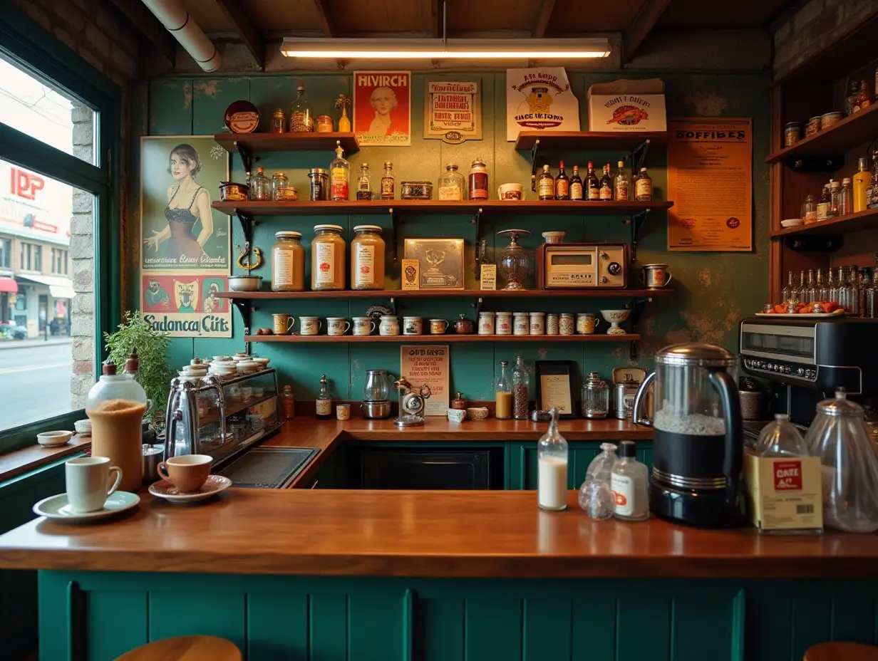 a bar counter in an aesthetic vintage coffee shop, retro posters hang on the walls, vinyl records, an old radio, coffee bags and vintage items on the shelves.