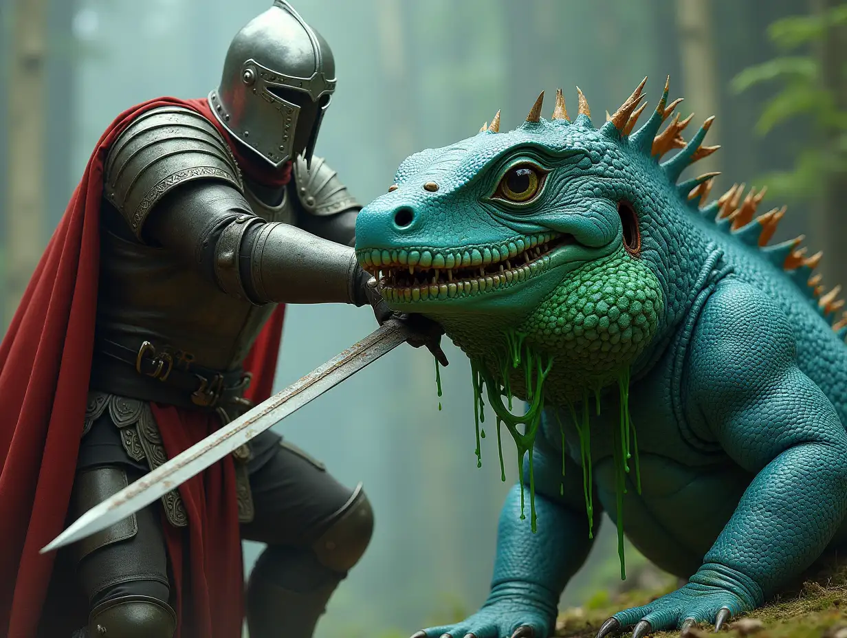 Russian hero in Slavic armor, pierces the malicious blue-skinned lizard with a sword. Green paint is flowing from its wound.