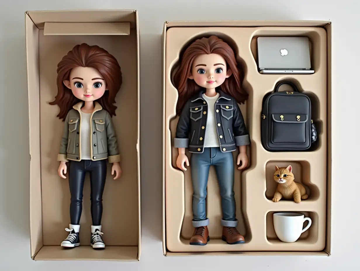 Create a realistic figure of a human in the photo. It should be an action figure in a box as a collectible item. The box - inscription: [“Elizaveta”]. Next to the figure - accessories: [schoolbook, laptop, coffee cup, cat]