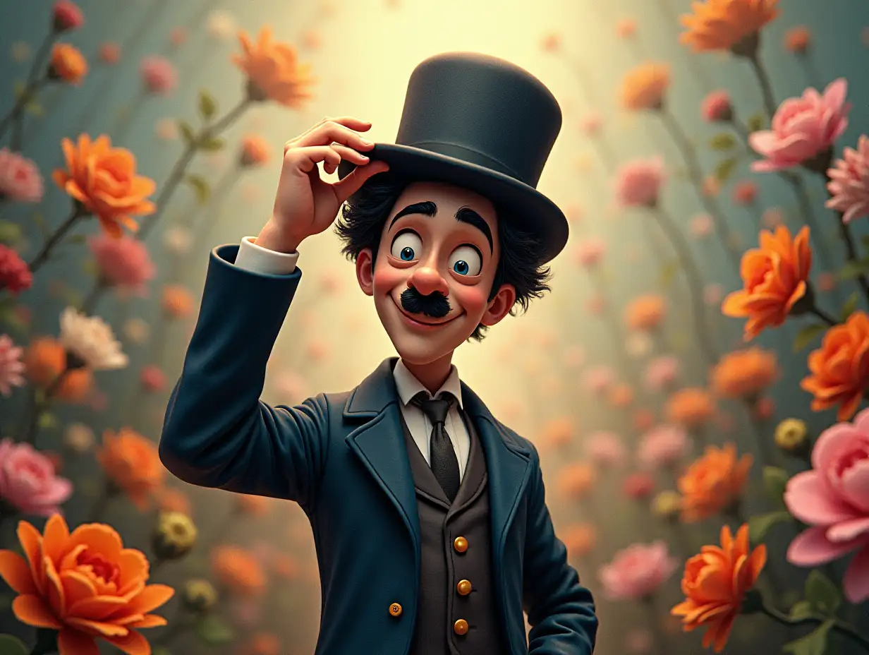 Three-dimensionally, Chaplin lifts his bowler hat with his right hand, and the surrounding space is filled with abstract and colorful flowers.