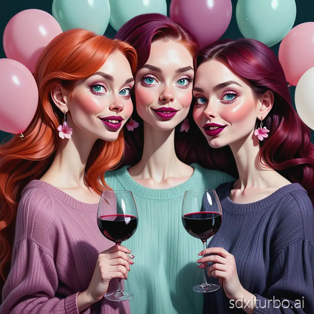 funny caricature two young women with voluminous, flowing, bright maroon hair and bright blue eyes, posing happily together. The woman on the left wears a textured, long-sleeved mauve sweater and holds a tall, elegant wine glass filled with deep red wine. The woman on the right wears a dark anthracite top, playfully rests her chin on her hand and wears delicate dangling earrings. Behind them are grouped several shiny balloons in pastel tones of mint green, light blue and old pink, in front of them are several festive objects: a dark glass bottle of red wine with a blank white label, a tube of red lipstick, scattered small pink rose petals, a few small pink and white flowers and a lush bouquet of large orange-white lilies, deep pink peonies and purple filler flowers  oil painting, isolated on white background.