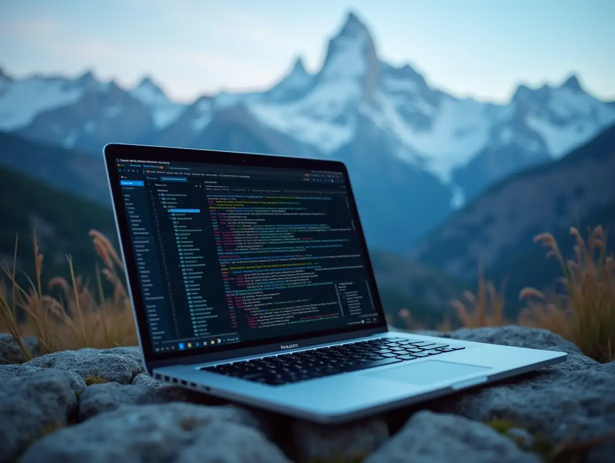 devops solutions on a laptop. Mountains in the background. Realistic detailed scene. Cinematic look.