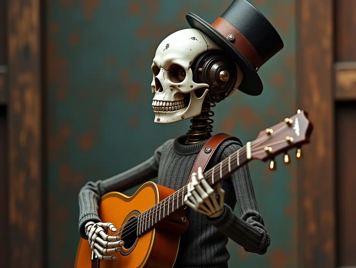 Create a high-resolution, realistic image of a robot with a skeletal body, porcelain hands and head with eyebrows, a sweater, a Steampunk top hat, and a guitar in 4K resolution (Steampunk 8K quality)