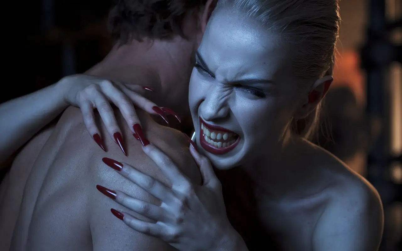 Vampire-Woman-Attacks-Muscular-Man-in-Dark-Intense-Scene