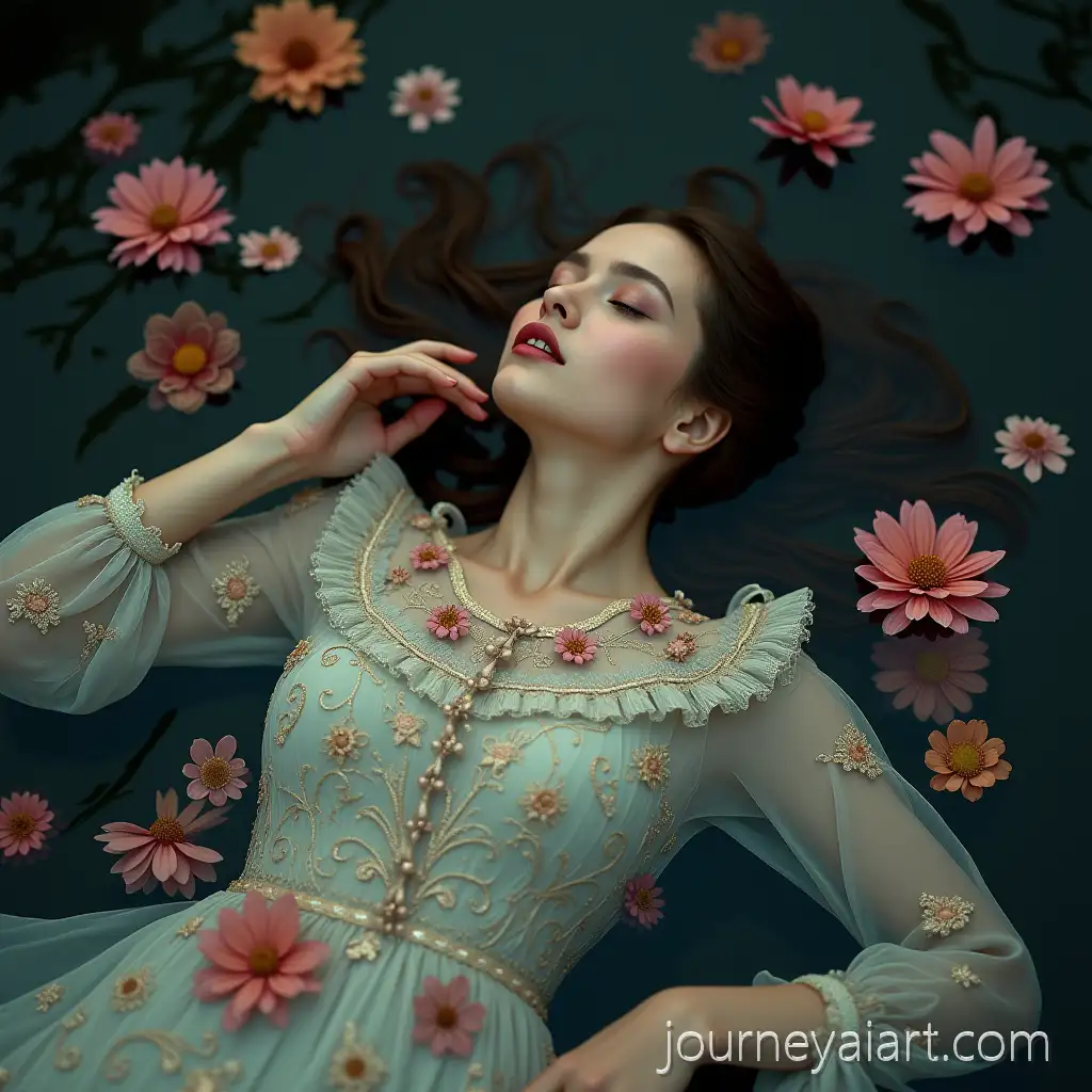 EthereSerene-Water-Floral-Dreamal-Woman-in-Victorian-Dress-Floating-Among-Vibrant-Flowers-in-Dark-Water