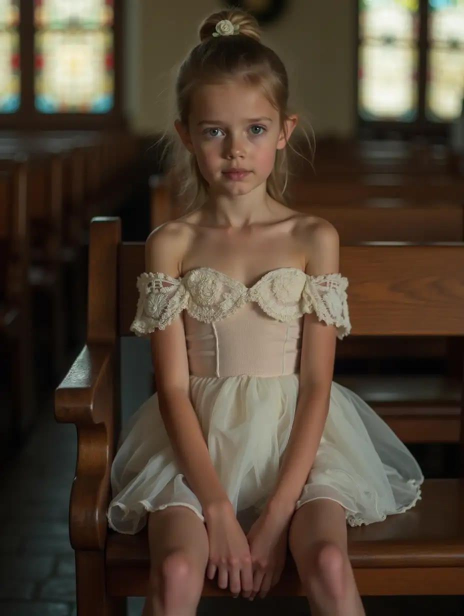 Skinny-Girl-in-Strapless-Lace-Minidress-Sitting-in-Empty-Church