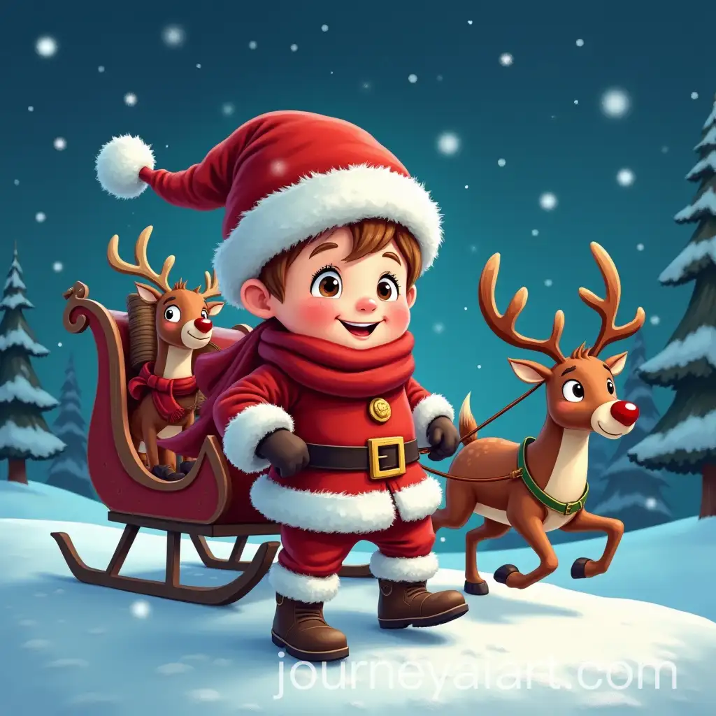 Boy-with-Red-Scarf-and-Flying-Reindeer-Sleigh-at-Night