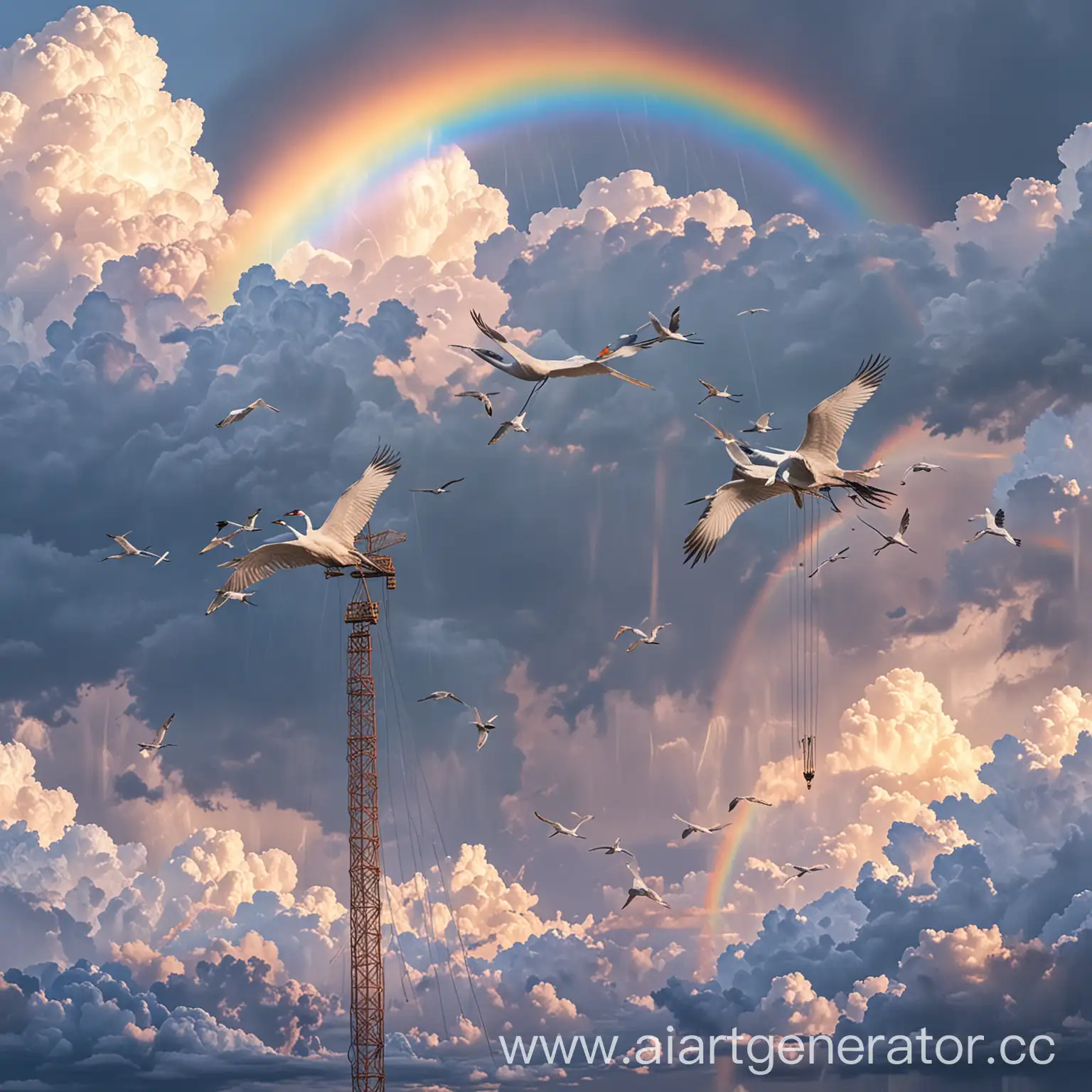 Elegant-Cranes-Flying-Against-a-Cloudy-Sky-with-a-Vibrant-Rainbow