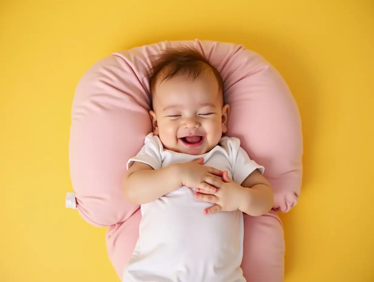 A wide, overhead view showing a full-length baby sleeping happily with a wide smile, lying on a yellow floor and hugging a pink pillow.