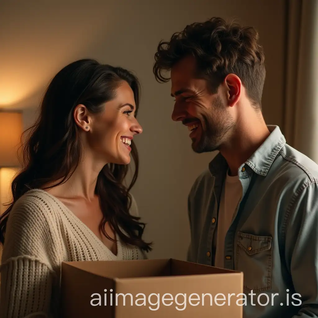 Couple-in-a-Moment-of-Unease-with-Fake-Smiles-and-Box-Exchange