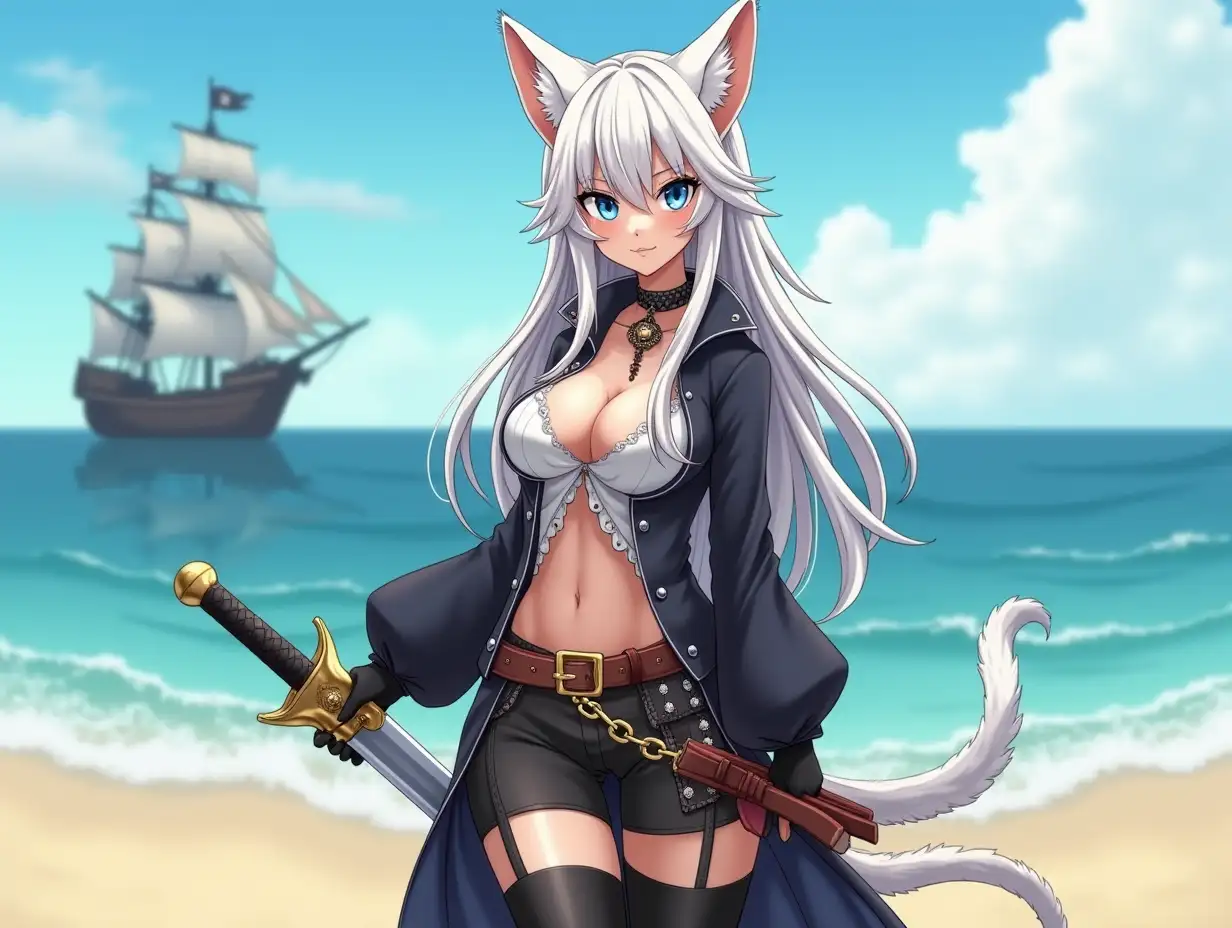 A mature adult tall feline/woman dressed as a pirate with a sword on a beach. A pirate ship in the background. Her 30-something years are disguised by her youthful facial features, except for her subtle wrinkles around the eyes, extremely slender body. Her ample bosom strains against her clothing, threatening to burst free from the fabric, extreme cleavage. Midriff. Wearing black thigh high pirate boots. She has piercing blue cat eyes. A choker adorns her neck, a subtle hint at her feline nature. Her long, white hair cascades down her back like a wild waterfall, tangled and disheveled. Her cat-like teeth glint in the light, as her white fur-lined ears punctuate her visage with sparkling black and gold earring adorns each ear, adding a touch of elegance to her feline features. Cat whiskers on her face. The attached tail at the base of her spine stirs lazily. Long fingernails. Full body view. Anime.