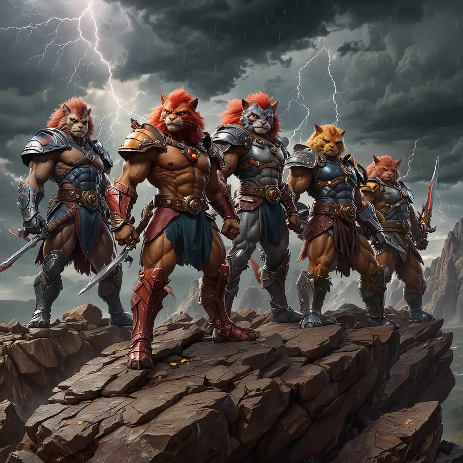 Thundercats, a dynamic group of feline warriors with distinct, colorful armor and weapons, standing heroically on a rocky cliff, with a stormy sky and lightning in the background, the environment is rugged and wild, conveying a sense of power and adventure, Illustration, digital art with high detail and vibrant colors, --ar 16:9 --v 5