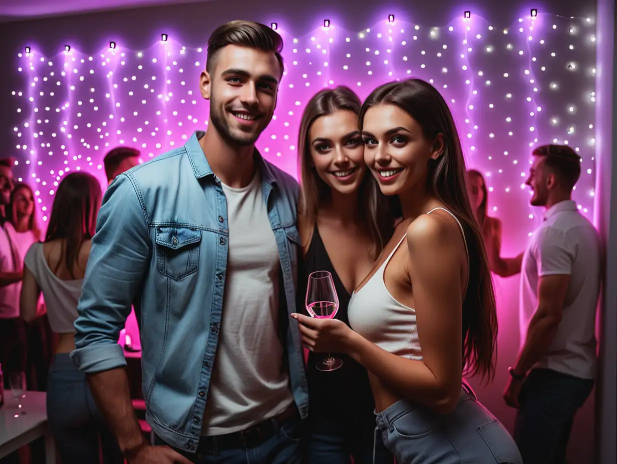 Stylish Couple Enjoying a House Party with Vibrant LED Lighting