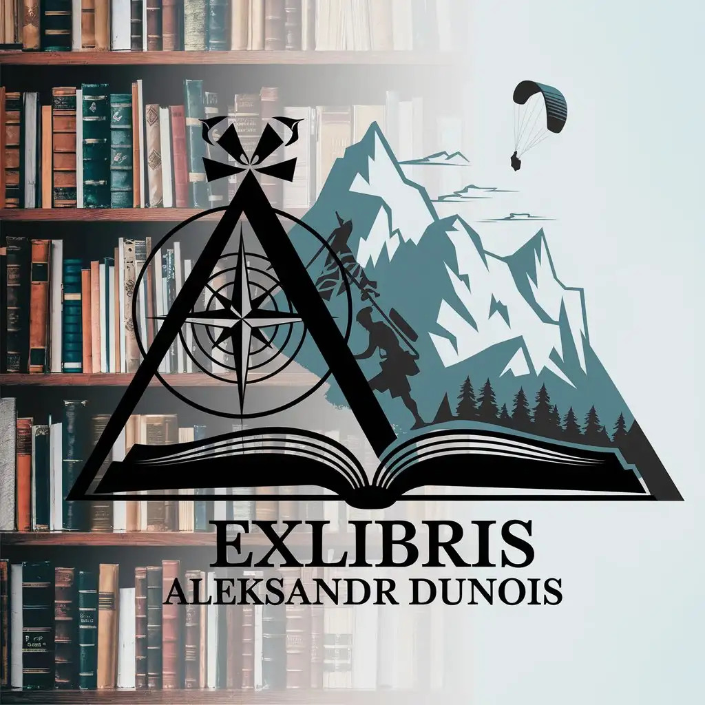 a vector logo design,with the text "Exlibris Aleksandr Dunois", main symbol:Exlibris: An open book, a compass rose, a samurai, in the background a bookshelf transitioning into a mountain range. A paraglider is flying, a tourist is hiking on the mountains, there's a forest at the foot of the mountains.,Moderate,clear background