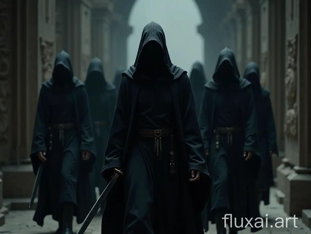 the evil squad of the dark lord walk in the castle, the squad is dressed in black robes and the physique is very slender and thin and in the hands of each is a dark old sword, the style is dark fantasy minimalism and close-up, high detail and modern graphics in the style of Tolkien