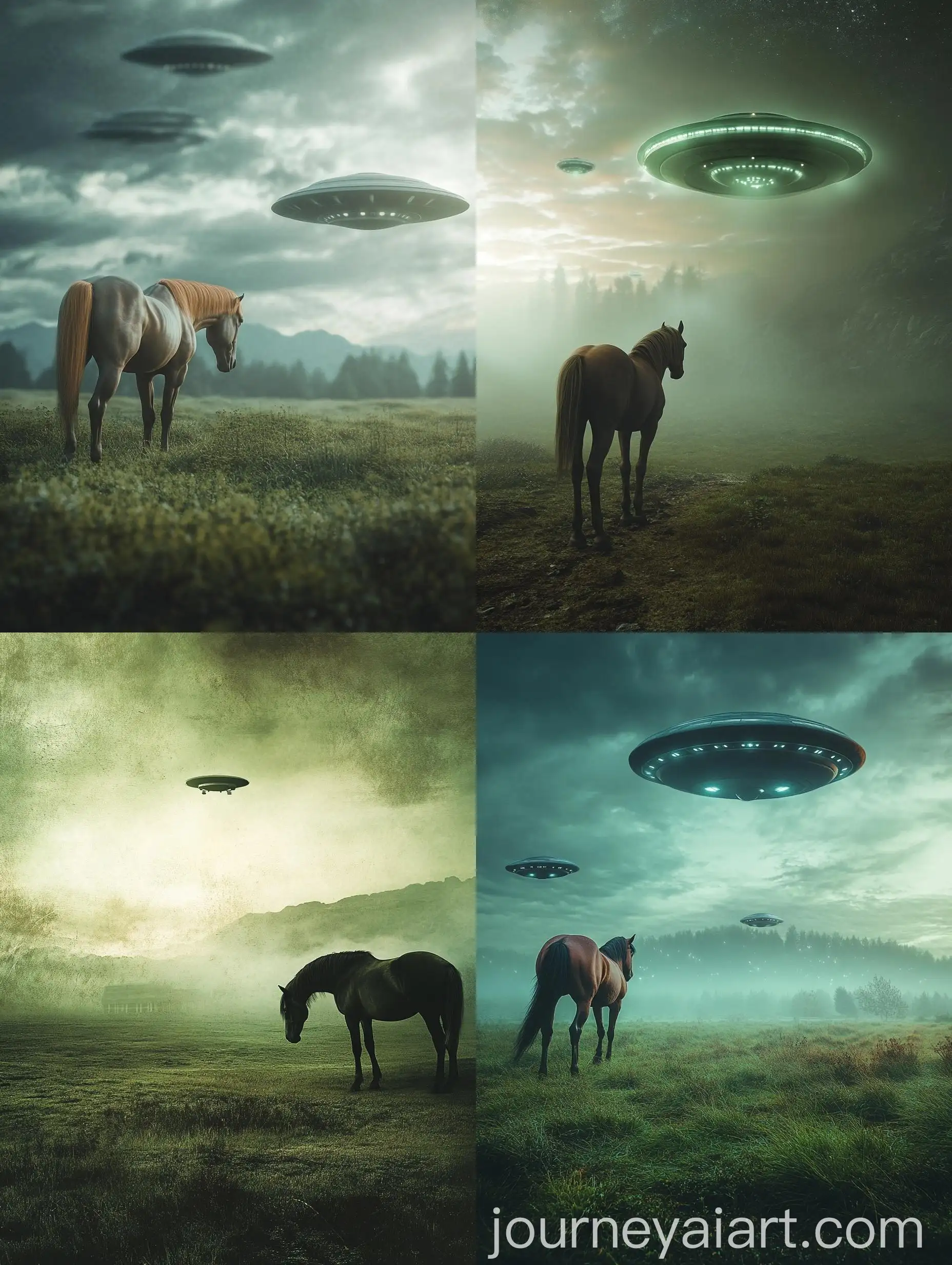 Horse-Grazing-in-Serene-Green-Field-with-UFOs-Approaching