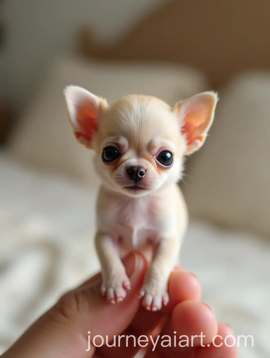 Tiny-CreamColored-Chihuahua-Puppy-on-Human-Thumb-for-Scale-in-Cozy-Bedroom-Setting