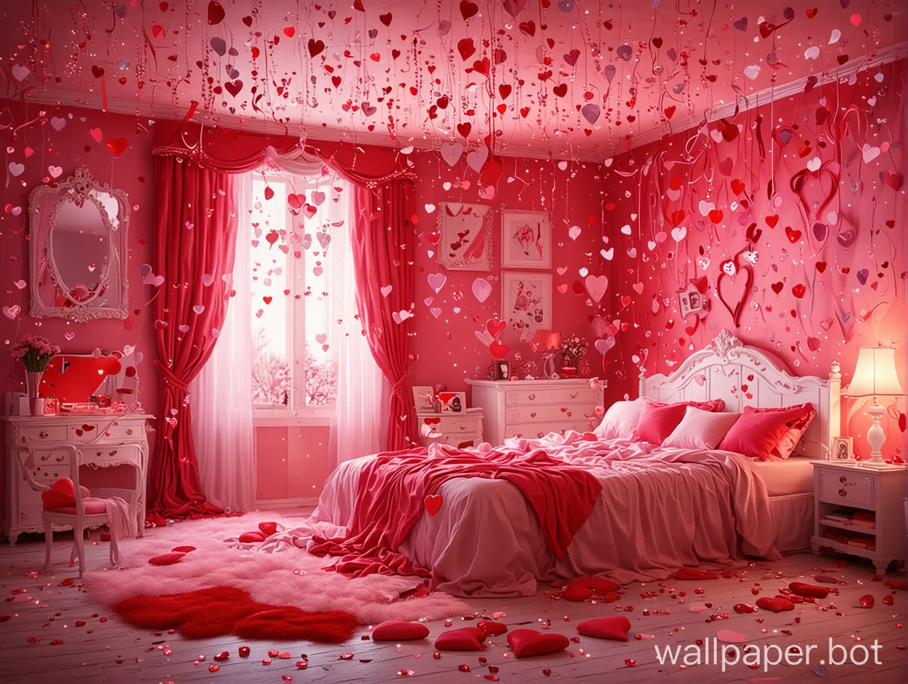 bedroom scene Valintine's day fantasy background red and pink colors hearts, ribbons, and sparkles