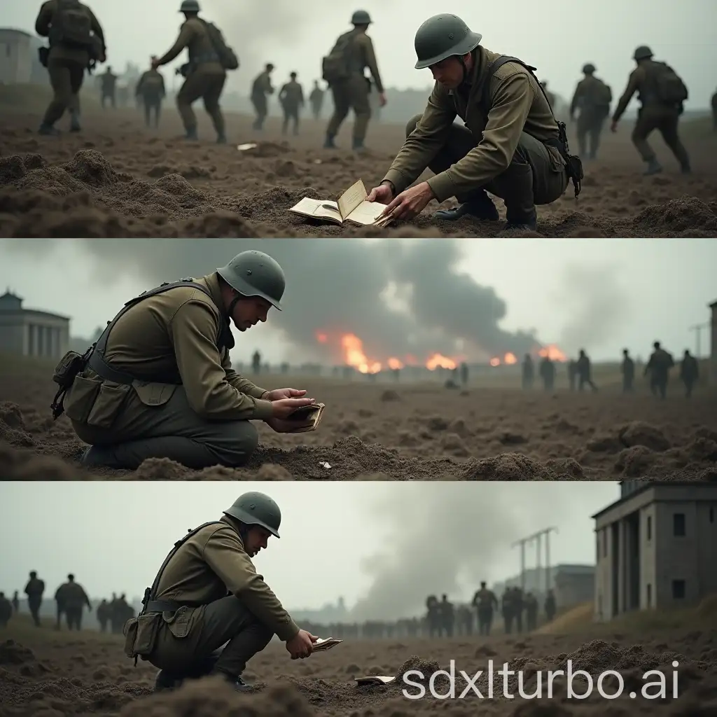 Create an image with this prompt: a high-quality, realistic photo in a 16:9 ratio, depicting a soldier during World War I coming across a notebook on the battlefield. In the first scene, the soldier gingerly picks up the worn notebook amidst the chaos and destruction, his expression a mix of curiosity and caution. The second scene shows the soldier in the midst of intensified bombing, scrambling for cover while clutching his notebook tightly, highlighting the harsh reality of war. The final scene depicts the exhausted but surviving soldier, holding the notebook as a symbol of hope and resilience after the battle. These poignant images capture the soldier's journey through the horrors of war and the enduring strength of the human spirit.