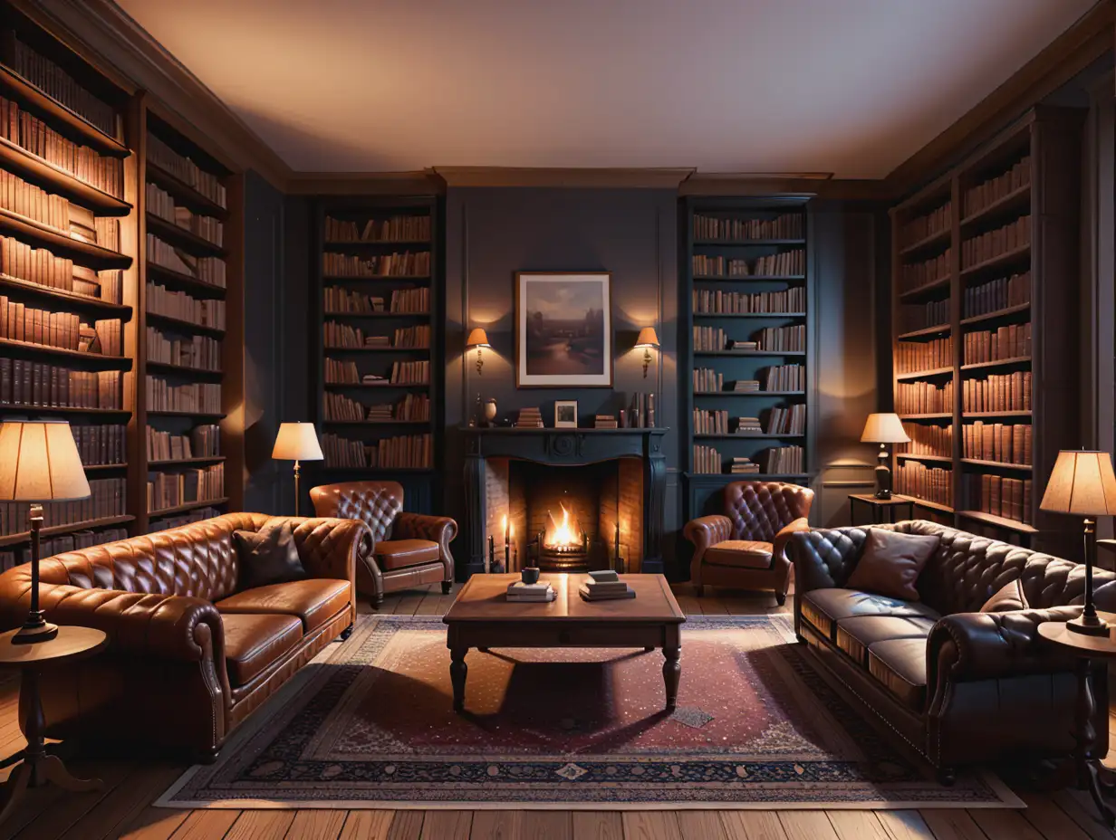 Cozy Library Room with Old Books and Fireplace