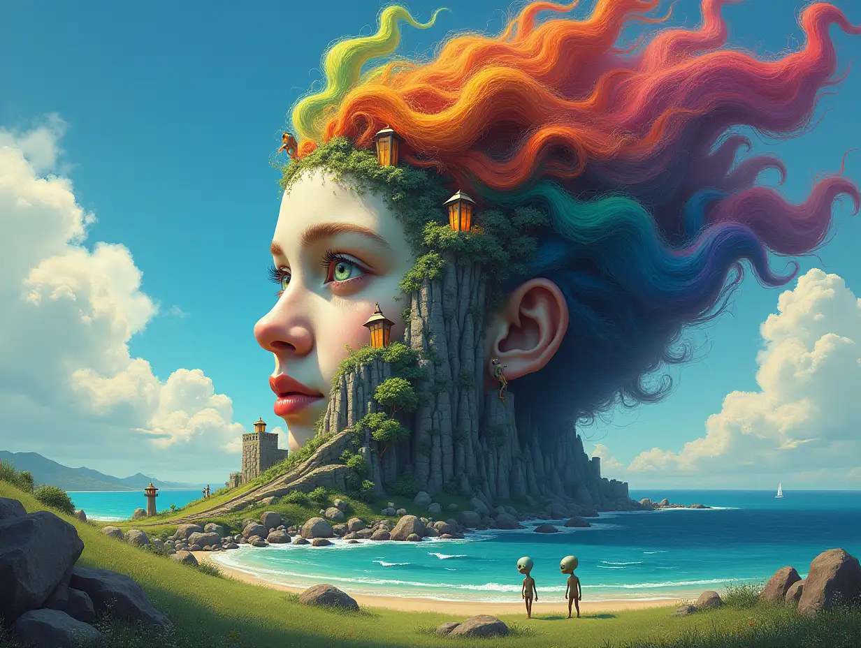 Creating a digital painting transforms a face with rainbow hair into a building with stones and trees with roots and rocks and lanterns by the sea, strange creatures – aliens on a meadow with a rainbow-blue sky