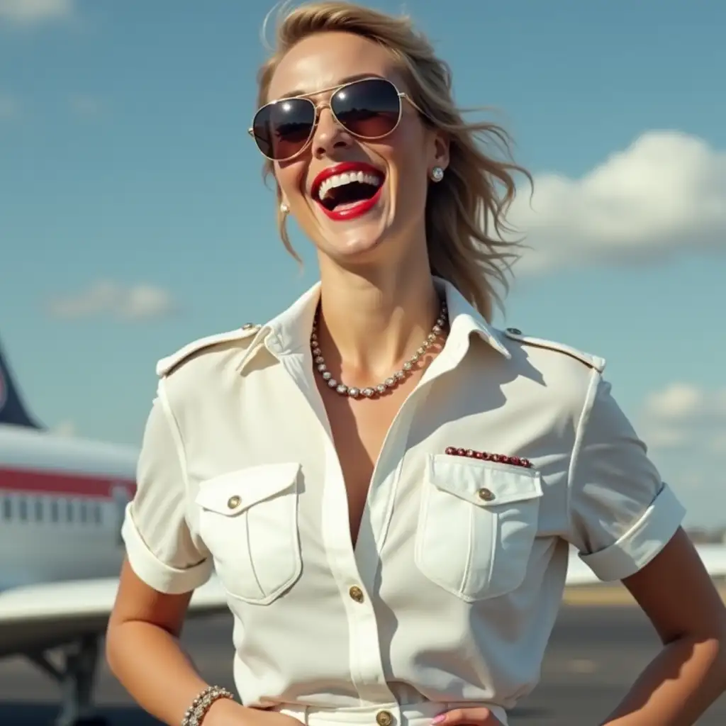 lady, wear an white deep-necked pilot shirt,  with pockets and buttons, laughing with her mouth open, red lipstick accentuating her smile, jewerly, aviator sunglasses, white skin, wide hips, airport, photo-realism, HD 